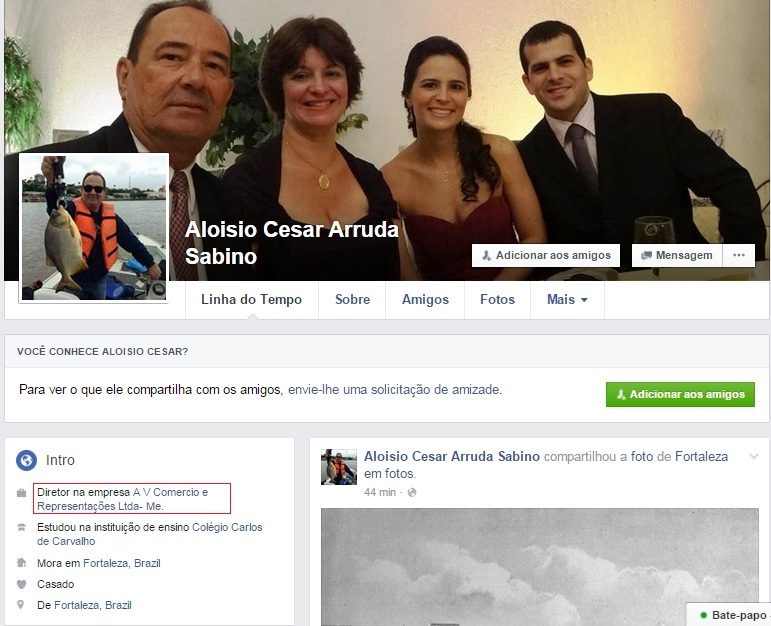 Perfil de Aloisio no Facebook diz que ele é diretor de outra empresa e mora em Fortaleza-CE. Informações públicas reforçam a tese do ‘laranjal’.