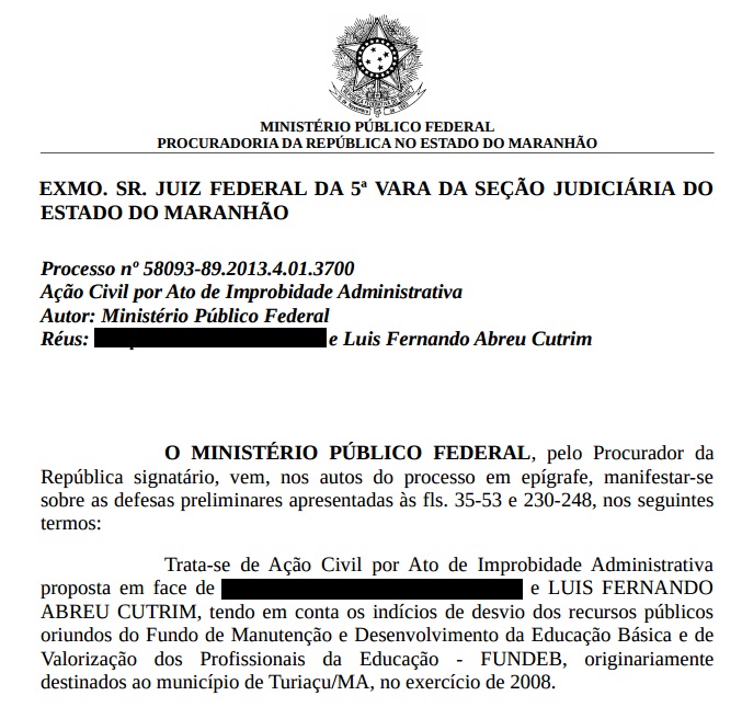 Trecho do parecer do MPF apresentado à Justiça Federal.