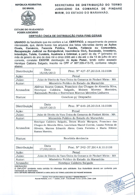 Certidão mostra alguns dos processos contra Henrique na Justiça.