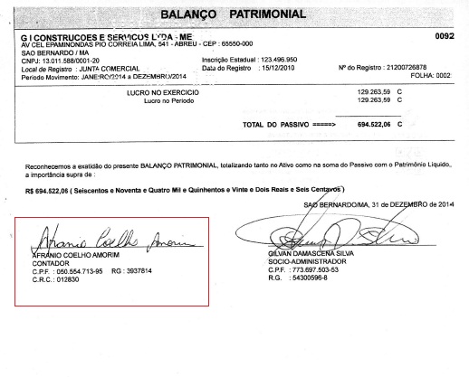 Documento mostra que contador da empreiteira é o mesmo da Câmara.