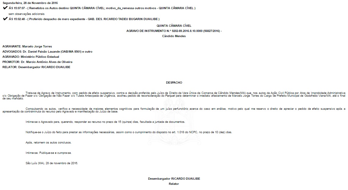 Veja o despacho do relator sobre o Agravo de Marcelo Jorge.