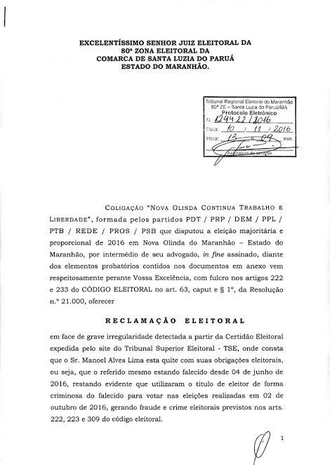 Trecho da denúncia apresentada à justiça no dia 10 de novembro.